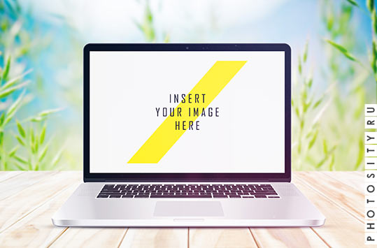 Макет ноутбука / Laptop on wooden floor with plant background mock up